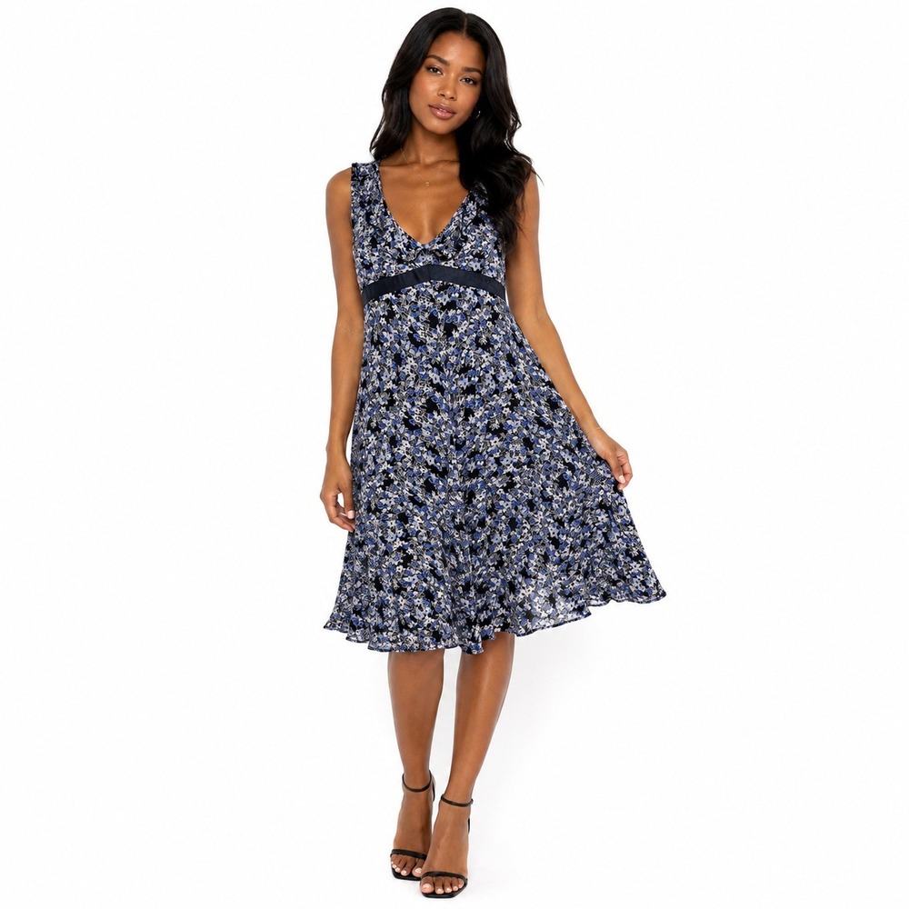 Ojay Empire Waist Floral Print Sleeveless Ruffle V-Neck Dress Blue Black Size 10